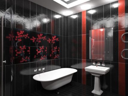 Salle de bain à panneaux en plastique rouge et noir